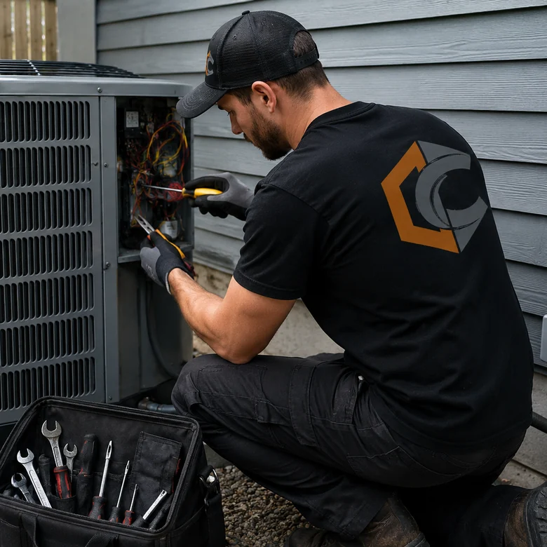 A CopperCraft technician kneeling at an open outdoor condenser, working on the wiring inside the service panel with a tool bag beside him.
