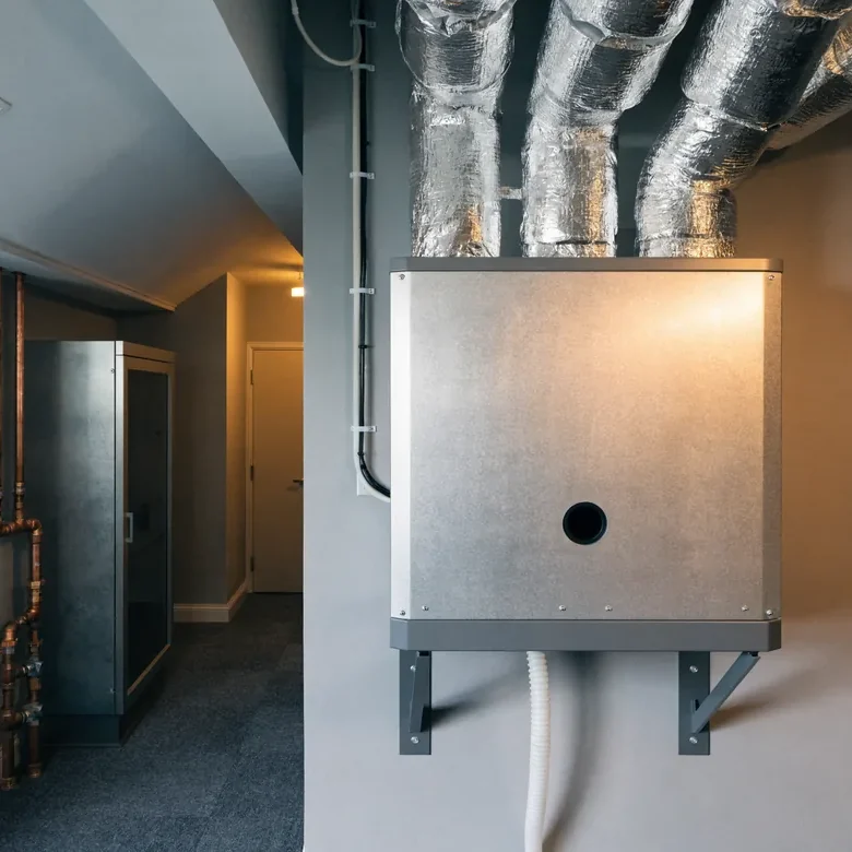 Energy recovery ventilator wall-mounted in a mechanical room with insulated duct connections and copper piping nearby.