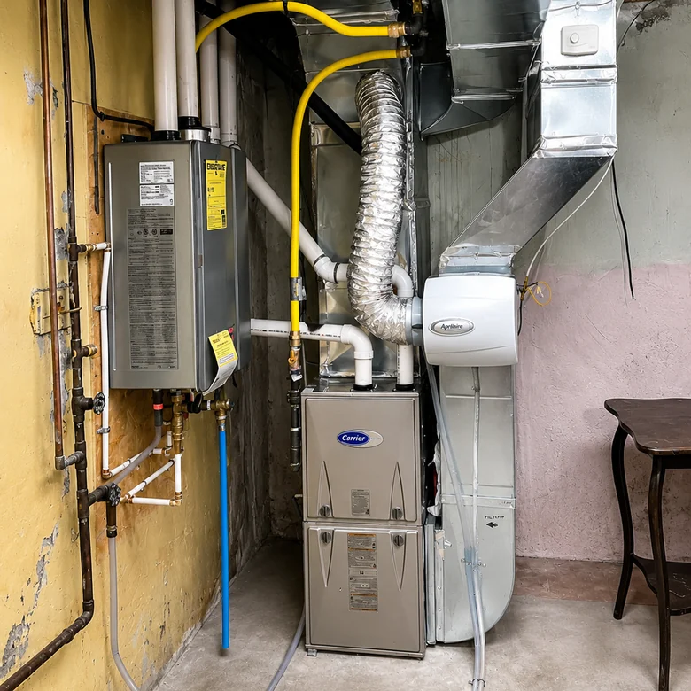 Installed Carrier furnace with new sheet-metal ductwork, a bypass humidifier and a wall-mounted tankless water heater alongside it.