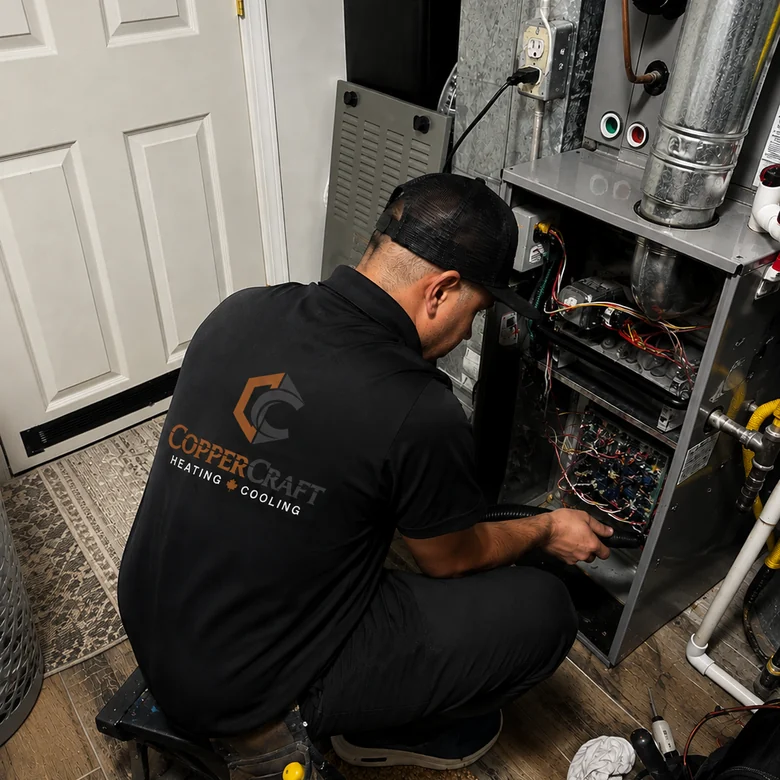 A CopperCraft technician crouched at an open furnace, working on the control board and wiring.