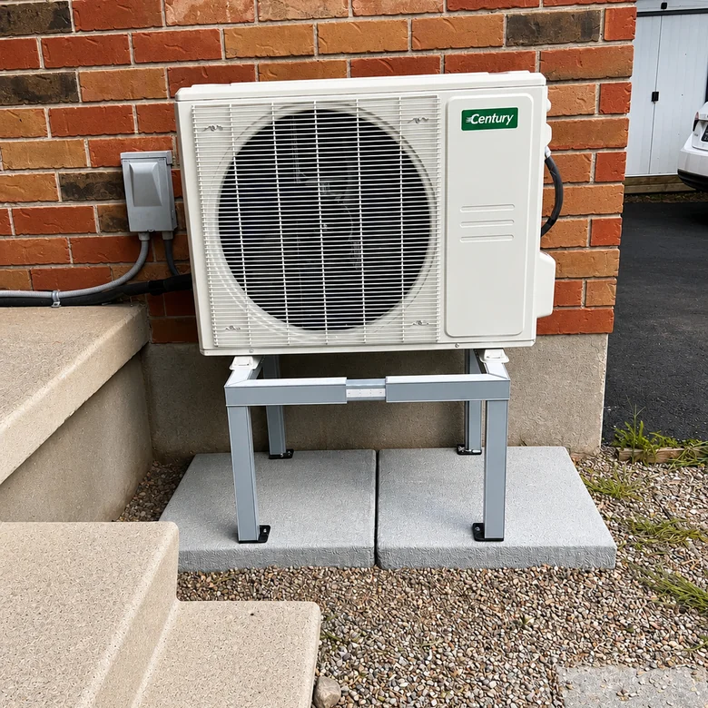 Outdoor heat pump unit raised on a steel stand above a paver pad against a brick wall.