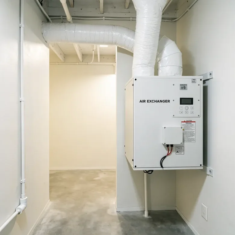Heat recovery ventilator mounted on a basement utility room wall with insulated flex ducts running to it.