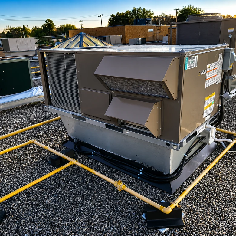 Packaged rooftop HVAC unit on its curb on a flat commercial roof at sunset, with gas piping running to it.
