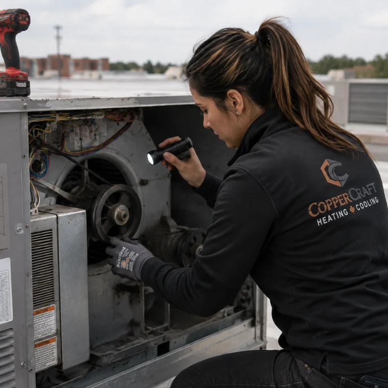 A CopperCraft technician inspecting the blower assembly of an open rooftop unit with a flashlight.