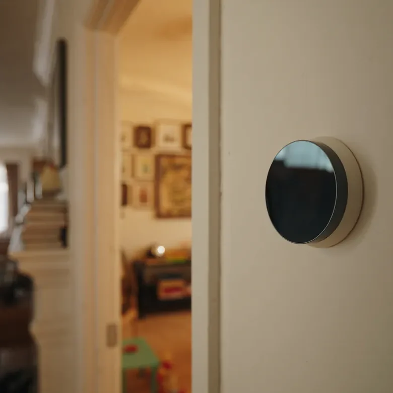 Smart thermostat mounted on a hallway wall in soft daylight.